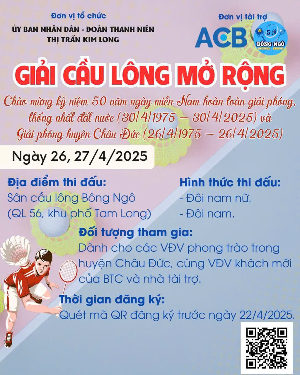 Giải cầu lông mở rộng chào mừng kỷ niệm 50 năm ngày Miền Nam hoàn toàn giải phóng thống nhất Đất nƣớc (30/4/1975 – 30/4/2025) và Giải phóng huyện Châu Đức (26/4/1975 - 26/4/2025)